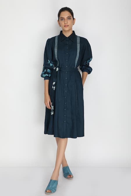 Buy Arcvsh By Pallavi Singh Blue Cotton, Linen Collared Neck Printed Shirt Dress Online at Aza Fashions Buy_Arcvsh By Pallavi Singh_Blue Cotton, Linen Collared Neck Printed Shirt Dress _Online_at_Aza_Fashions