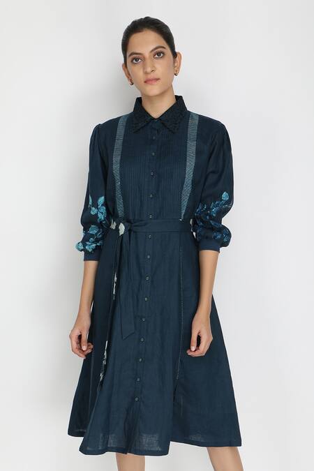 Shop Arcvsh By Pallavi Singh Blue Cotton, Linen Collared Neck Printed Shirt Dress Online at Aza Fashions Shop_Arcvsh By Pallavi Singh_Blue Cotton, Linen Collared Neck Printed Shirt Dress _Online_at_Aza_Fashions