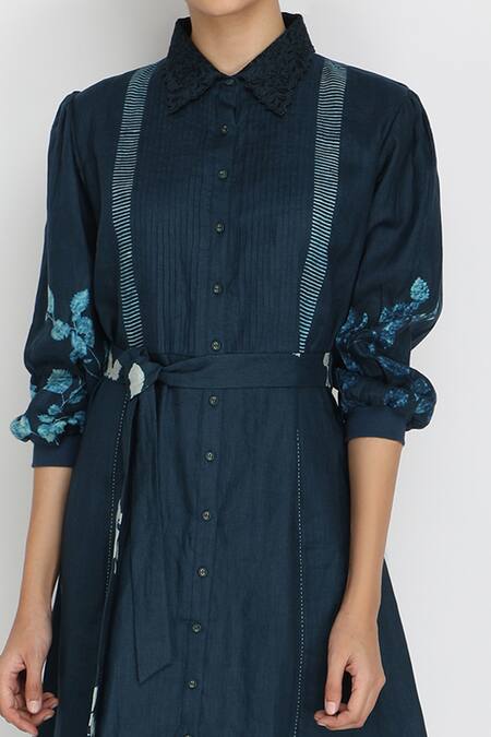 Arcvsh By Pallavi Singh Blue Cotton, Linen Collared Neck Printed Shirt Dress at Aza Fashions Arcvsh By Pallavi Singh_Blue Cotton, Linen Collared Neck Printed Shirt Dress _at_Aza_Fashions