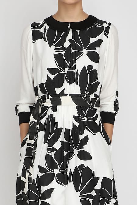Arcvsh By Pallavi Singh_Black Bamberg Peter Pan Collar Floral Print Dress _at_Aza_Fashions
