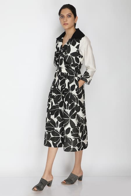 Arcvsh By Pallavi Singh Black Cotton, Chanderi Lapel Collar Floral Print Dress 
