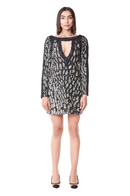 Siddartha Tytler Black Net Boat Sequin Mini Dress Online at Aza Fashions Siddartha Tytler_Black Net Boat Sequin Mini Dress _Online_at_Aza_Fashions