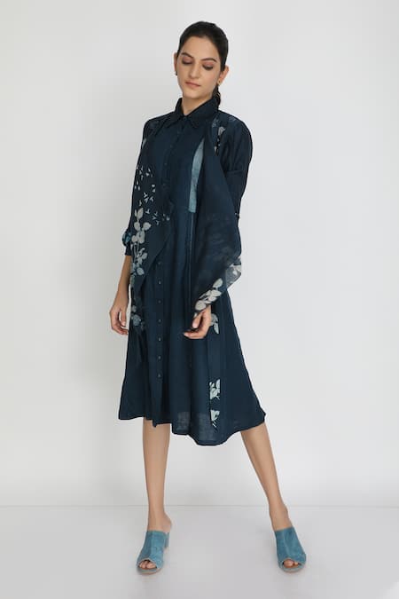 Arcvsh By Pallavi Singh Blue Linen Collared Neck Printed Shirt Dress 