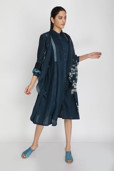 Shop Arcvsh By Pallavi Singh Blue Linen Collared Neck Printed Shirt Dress Online at Aza Fashions Shop_Arcvsh By Pallavi Singh_Blue Linen Collared Neck Printed Shirt Dress _Online_at_Aza_Fashions