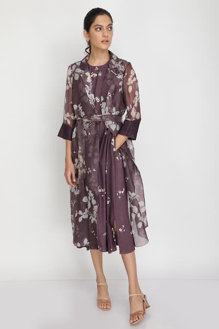 Arcvsh By Pallavi Singh Purple Bamberg, Thick Organza Jacket Collar Dress Round Printed And Set 
