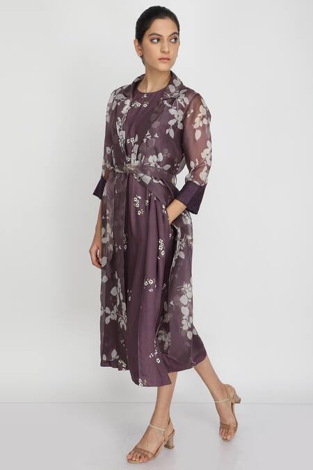 Shop Arcvsh By Pallavi Singh Purple Bamberg, Thick Organza Jacket Collar Dress Round Printed And Set Online at Aza Fashions Shop_Arcvsh By Pallavi Singh_Purple Bamberg, Thick Organza Jacket Collar Dress Round Printed And Set _Online_at_Aza_Fashions