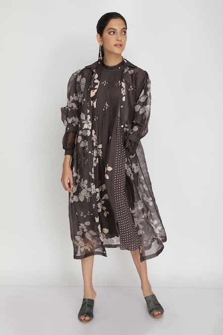 Arcvsh By Pallavi Singh Grey Bamberg, Thick Organza Jacket Collar Dress Round Printed And Set 