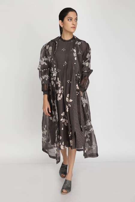 Shop Arcvsh By Pallavi Singh Grey Bamberg, Thick Organza Jacket Collar Dress Round Printed And Set at Aza Fashions Shop_Arcvsh By Pallavi Singh_Grey Bamberg, Thick Organza Jacket Collar Dress Round Printed And Set _at_Aza_Fashions