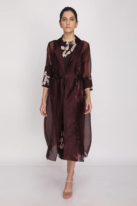 Arcvsh By Pallavi Singh Purple Organza Bamberg Jacket Lapel Collar Jumpsuit Round Printed And Set 