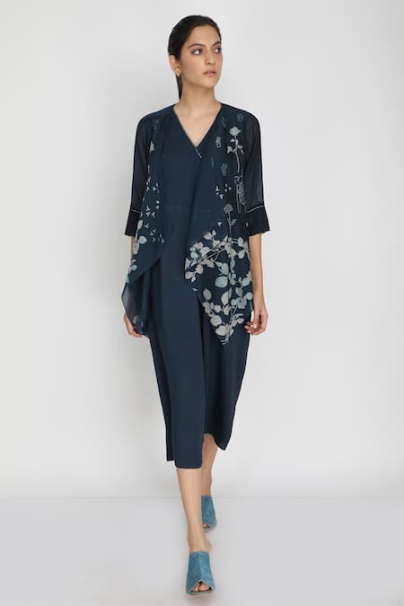 Arcvsh By Pallavi Singh Blue Chanderi Bamberg Jacket Open Jumpsuit V-neckline Printed And Set 
