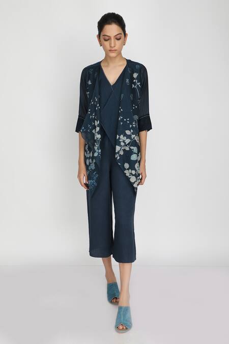 Buy Arcvsh By Pallavi Singh Blue Chanderi Bamberg Jacket Open Jumpsuit V-neckline Printed And Set Online at Aza Fashions Buy_Arcvsh By Pallavi Singh_Blue Chanderi Bamberg Jacket Open Jumpsuit V-neckline Printed And Set _Online_at_Aza_Fashions