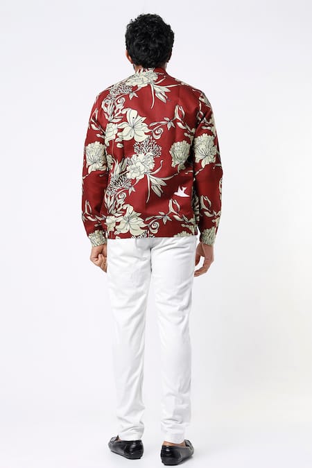 Shop MR. Ajay Kumar Maroon Cotton Floral Print Bomber Jacket at Aza Fashions Shop_MR. Ajay Kumar_Maroon Cotton Floral Print Bomber Jacket _at_Aza_Fashions