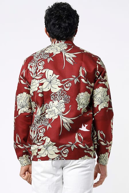 Buy MR. Ajay Kumar Maroon Cotton Floral Print Bomber Jacket Online at Aza Fashions Buy_MR. Ajay Kumar_Maroon Cotton Floral Print Bomber Jacket _Online_at_Aza_Fashions