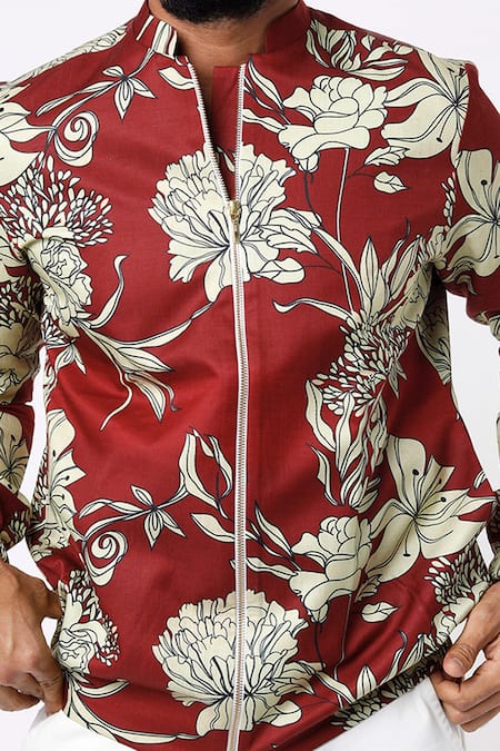 Shop MR. Ajay Kumar Maroon Cotton Floral Print Bomber Jacket Online at Aza Fashions Shop_MR. Ajay Kumar_Maroon Cotton Floral Print Bomber Jacket _Online_at_Aza_Fashions