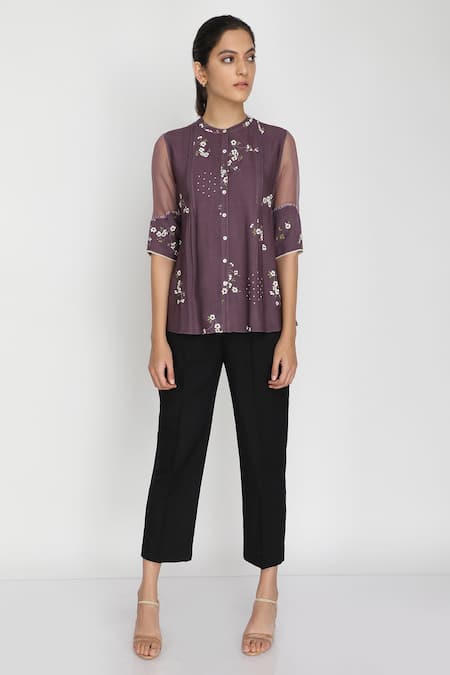 Arcvsh By Pallavi Singh Purple Organza, Linen, Bamberg Round Floral Print Top 