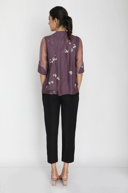 Shop Arcvsh By Pallavi Singh Purple Organza, Linen, Bamberg Round Floral Print Top at Aza Fashions Shop_Arcvsh By Pallavi Singh_Purple Organza, Linen, Bamberg Round Floral Print Top _at_Aza_Fashions