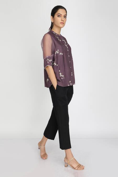 Arcvsh By Pallavi Singh Purple Organza, Linen, Bamberg Round Floral Print Top Online at Aza Fashions Arcvsh By Pallavi Singh_Purple Organza, Linen, Bamberg Round Floral Print Top _Online_at_Aza_Fashions