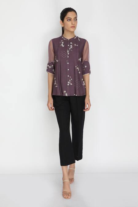 Buy Arcvsh By Pallavi Singh Purple Organza, Linen, Bamberg Round Floral Print Top Online at Aza Fashions Buy_Arcvsh By Pallavi Singh_Purple Organza, Linen, Bamberg Round Floral Print Top _Online_at_Aza_Fashions