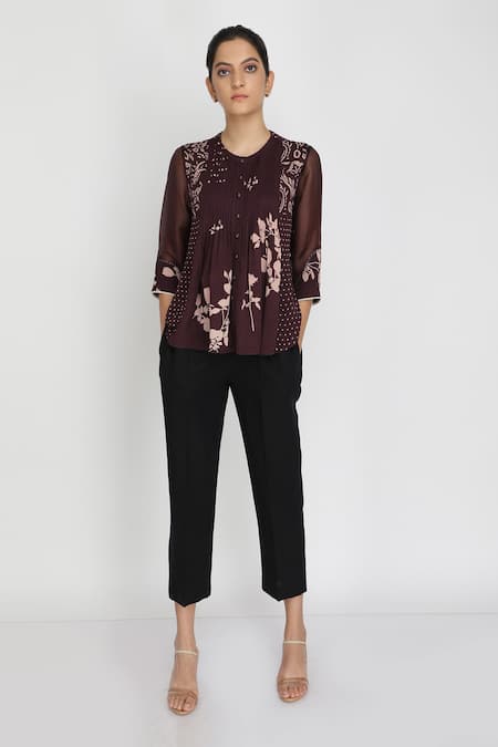 Arcvsh By Pallavi Singh Purple Organza, Georgette Round Floral Print Top 