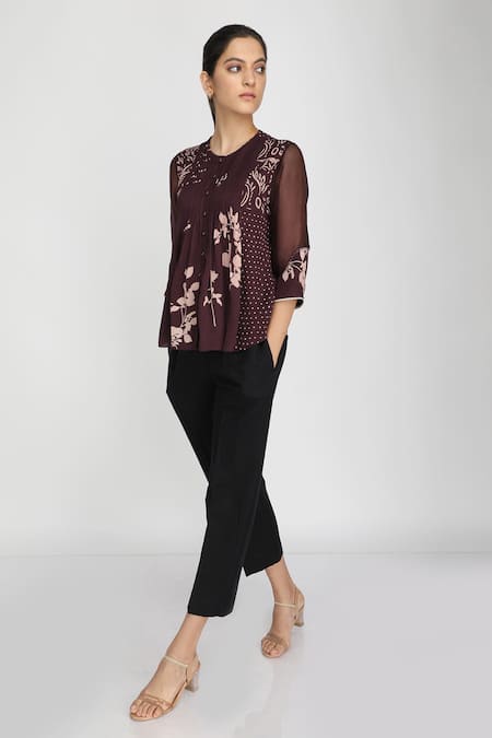 Shop Arcvsh By Pallavi Singh Purple Organza, Georgette Round Floral Print Top Online at Aza Fashions Shop_Arcvsh By Pallavi Singh_Purple Organza, Georgette Round Floral Print Top _Online_at_Aza_Fashions