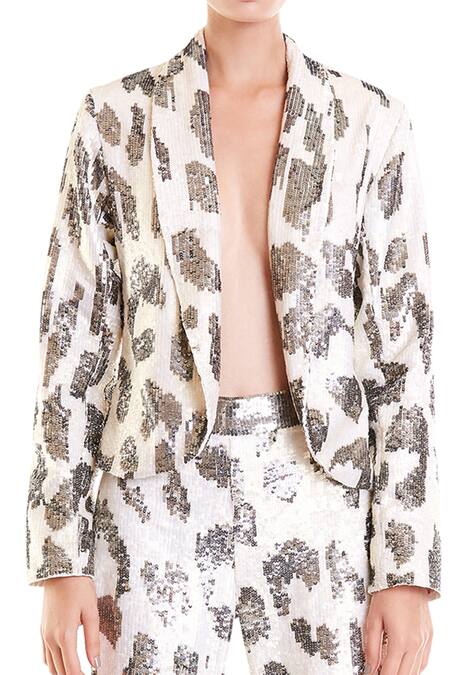 Siddartha Tytler White Heavy Knit Open Embellished Blazer Set Online at Aza Fashions Siddartha Tytler_White Heavy Knit Open Embellished Blazer Set _Online_at_Aza_Fashions