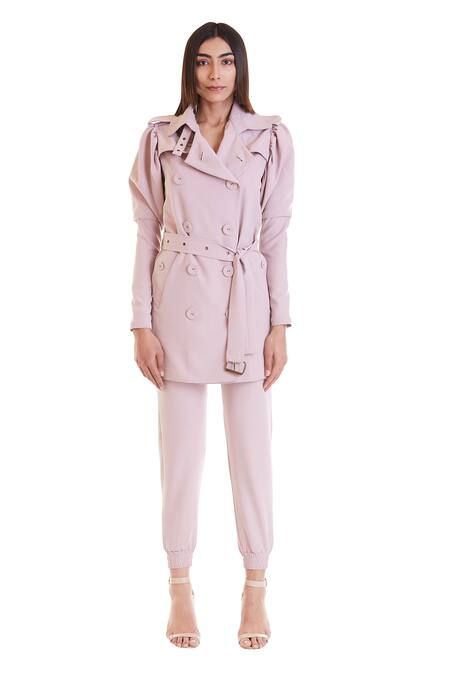 Siddartha Tytler Pink Heavy Lycra Knit Collared Neck Victorian Sleeves Trench Coat Set