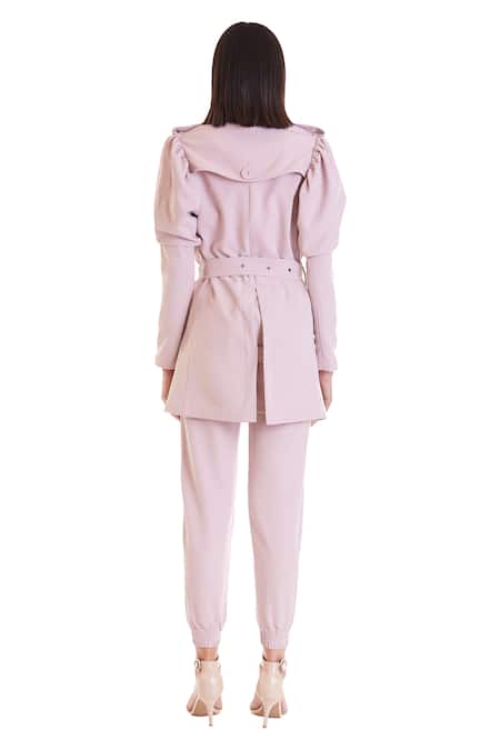 Shop Siddartha Tytler Pink Heavy Lycra Knit Collared Neck Victorian Sleeves Trench Coat Set at Aza Fashions Shop_Siddartha Tytler_Pink Heavy Lycra Knit Collared Neck Victorian Sleeves Trench Coat Set _at_Aza_Fashions