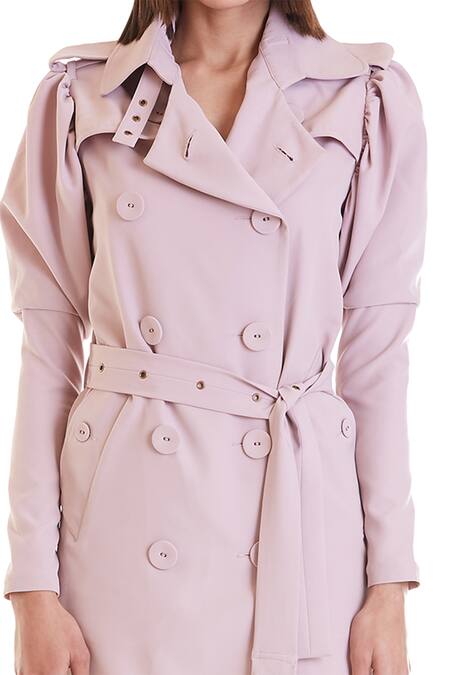 Siddartha Tytler Pink Heavy Lycra Knit Collared Neck Victorian Sleeves Trench Coat Set Online at Aza Fashions Siddartha Tytler_Pink Heavy Lycra Knit Collared Neck Victorian Sleeves Trench Coat Set _Online_at_Aza_Fashions