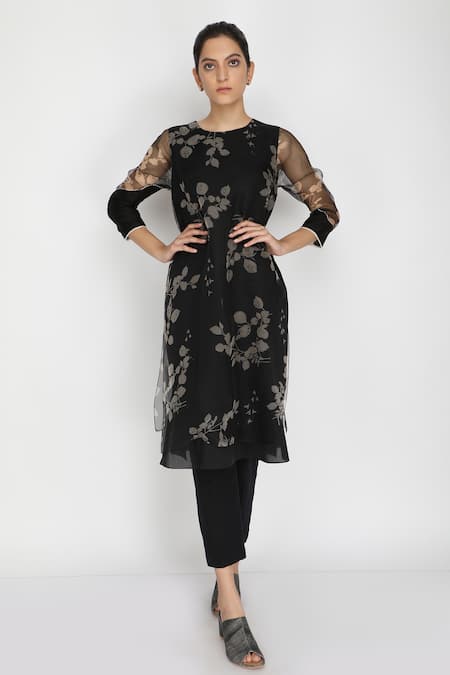 Arcvsh By Pallavi Singh Black Chanderi Organza Round Floral Print Layered Tunic 
