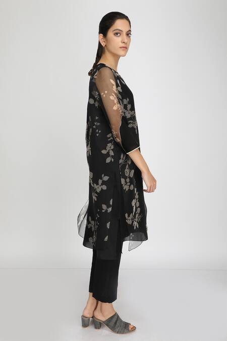 Arcvsh By Pallavi Singh Black Chanderi Organza Round Floral Print Layered Tunic Online at Aza Fashions Arcvsh By Pallavi Singh_Black Chanderi Organza Round Floral Print Layered Tunic _Online_at_Aza_Fashions