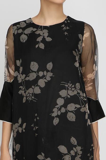 Shop Arcvsh By Pallavi Singh Black Chanderi Organza Round Floral Print Layered Tunic Online at Aza Fashions Shop_Arcvsh By Pallavi Singh_Black Chanderi Organza Round Floral Print Layered Tunic _Online_at_Aza_Fashions