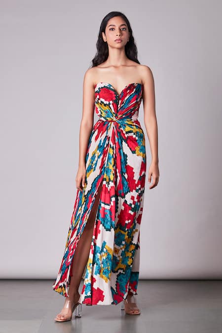 Saaksha & Kinni_Multi Color Chiffon, Satin Sweetheart Neck Ikat Print Bandeau Pleated Dress _Online_at_Aza_Fashions