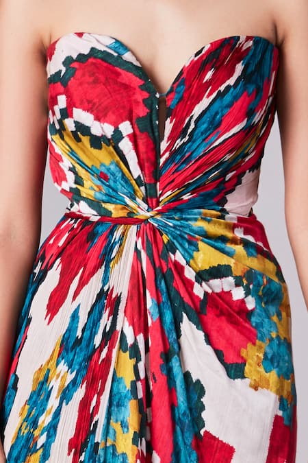 Buy_Saaksha & Kinni_Multi Color Chiffon, Satin Sweetheart Neck Ikat Print Bandeau Pleated Dress _Online_at_Aza_Fashions