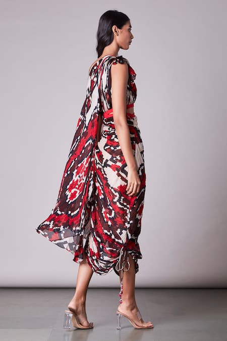 Shop Saaksha & Kinni Multi Color Chiffon, Cotton Silk Asymmetric Draped Saree Dress at Aza Fashions Shop_Saaksha & Kinni_Multi Color Chiffon, Cotton Silk Asymmetric Draped Saree Dress_at_Aza_Fashions