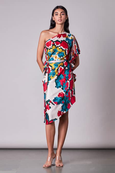 Saaksha & Kinni Multi Color Satin, Cotton Silk Asymmetric One Shoulder Ikat Print Dress