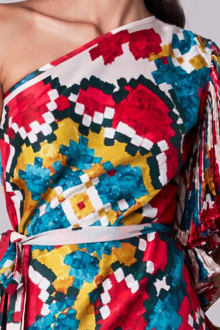 Saaksha & Kinni Multi Color Satin, Cotton Silk Asymmetric One Shoulder Ikat Print Dress Online at Aza Fashions Saaksha & Kinni_Multi Color Satin, Cotton Silk Asymmetric One Shoulder Ikat Print Dress_Online_at_Aza_Fashions