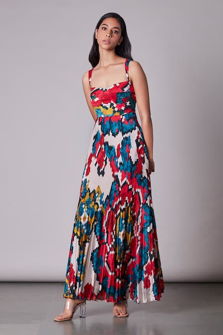 White and blue earthy printed maxi dress by Jaipuri Jazz | The Secret Label