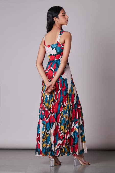 Saaksha & Kinni Multi Color Chiffon, Satin, Cotton Silk Sweetheart Neck Ikat Print Maxi Dress Online at Aza Fashions Saaksha & Kinni_Multi Color Chiffon, Satin, Cotton Silk Sweetheart Neck Ikat Print Maxi Dress _Online_at_Aza_Fashions