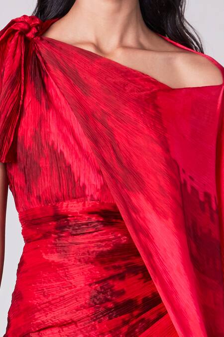 Saaksha & Kinni_Red Chiffon Asymmetric Draped Saree Dress _Online_at_Aza_Fashions