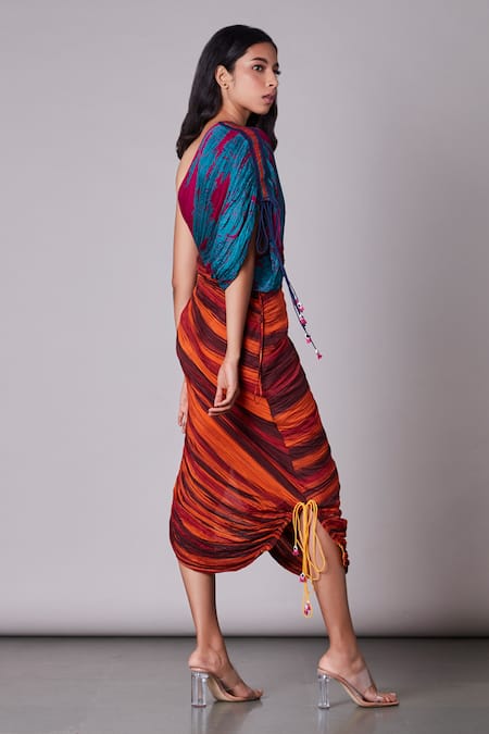 Shop_Saaksha & Kinni_Multi Color Cotton Silk Embroidery Asymmetric One Shoulder Saree Dress _at_Aza_Fashions