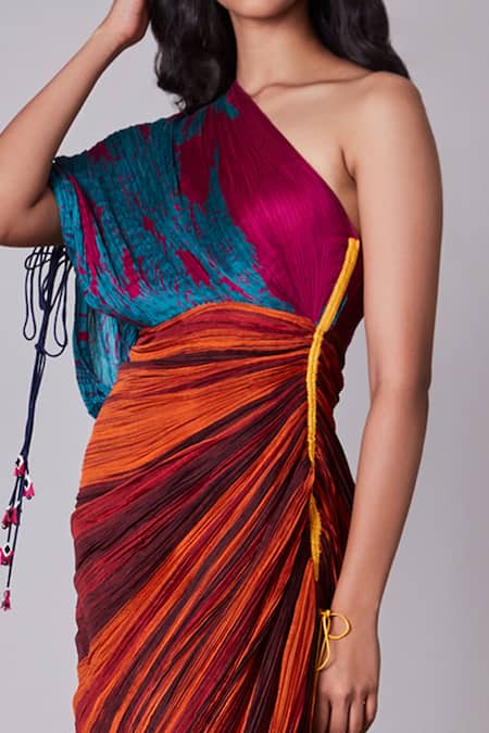 Saaksha & Kinni_Multi Color Cotton Silk Embroidery Asymmetric One Shoulder Saree Dress _Online_at_Aza_Fashions