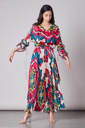Buy Saaksha & Kinni Multi Color Chiffon, Satin, Cotton Silk V Neck Ikat Print Asymmetric Dress at Aza Fashions Buy_Saaksha & Kinni_Multi Color Chiffon, Satin, Cotton Silk V Neck Ikat Print Asymmetric Dress_at_Aza_Fashions