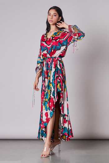 Shop Saaksha & Kinni Multi Color Chiffon, Satin, Cotton Silk V Neck Ikat Print Asymmetric Dress at Aza Fashions Shop_Saaksha & Kinni_Multi Color Chiffon, Satin, Cotton Silk V Neck Ikat Print Asymmetric Dress_at_Aza_Fashions