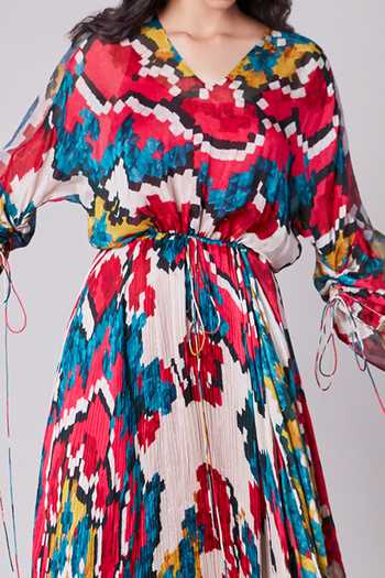 Saaksha & Kinni Multi Color Chiffon, Satin, Cotton Silk V Neck Ikat Print Asymmetric Dress Online at Aza Fashions Saaksha & Kinni_Multi Color Chiffon, Satin, Cotton Silk V Neck Ikat Print Asymmetric Dress_Online_at_Aza_Fashions