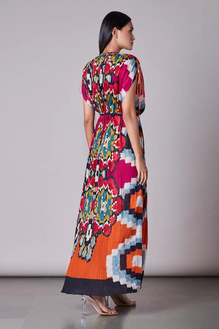 Shop_Saaksha & Kinni_Multi Color Cotton Silk Round Ikat Print Kaftan Dress _at_Aza_Fashions