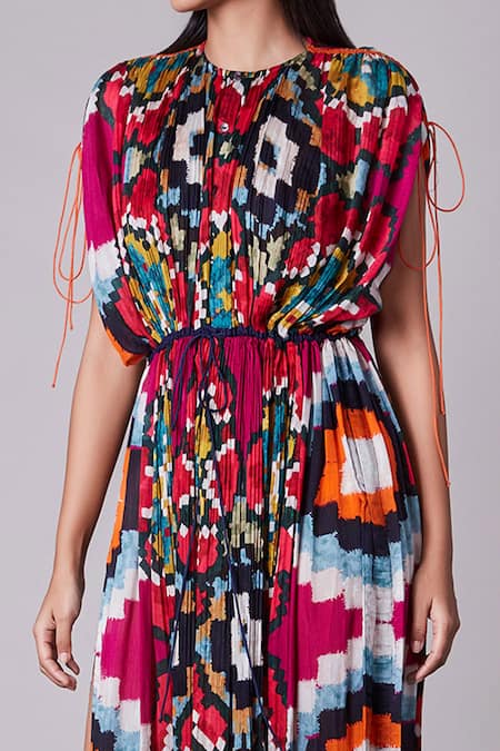 Saaksha & Kinni_Multi Color Cotton Silk Round Ikat Print Kaftan Dress _Online_at_Aza_Fashions