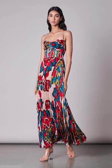 Buy Saaksha & Kinni Multi Color Chiffon Sweetheart Neck Ikat Print Pleated Dress Online at Aza Fashions Buy_Saaksha & Kinni_Multi Color Chiffon Sweetheart Neck Ikat Print Pleated Dress _Online_at_Aza_Fashions
