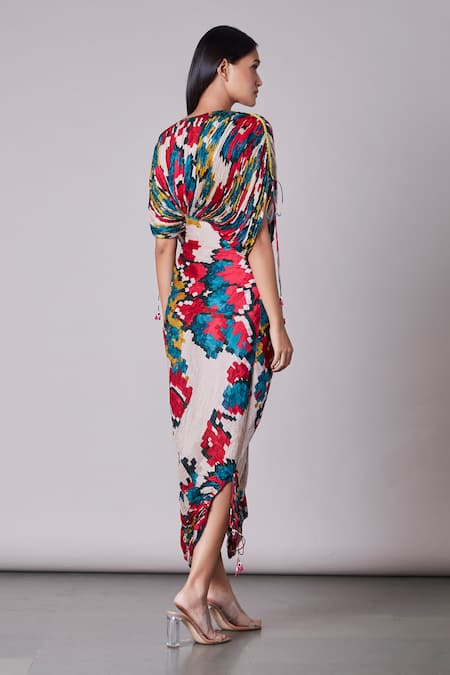 Shop_Saaksha & Kinni_Multi Color Chiffon Round Printed Kaftan Dress _at_Aza_Fashions