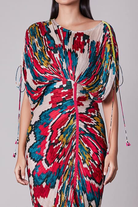Saaksha & Kinni_Multi Color Chiffon Round Printed Kaftan Dress _Online_at_Aza_Fashions