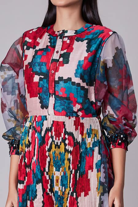 Saaksha & Kinni_Multi Color Organza, Cotton Silk Round Printed Tunic Dress_Online_at_Aza_Fashions